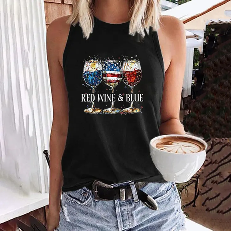 Women's Independence Day Red Wine & Blue Print Casual Tank Top