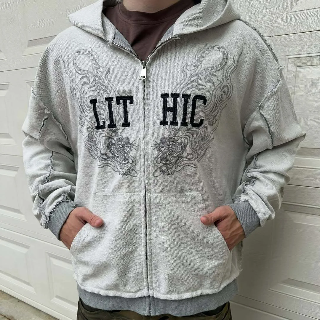 Athvotar Athvotar Personality Zippered Sweatet Double-Layer Fake Two-Piece Hooded Jacket Trendy Street Casual Sweating