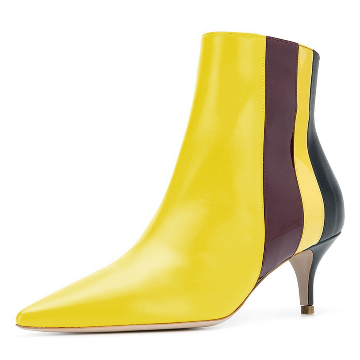 GOOSHOE Yellow Pointy Toe Kitten Heel Boots Multicolor Stripes Ankle Booties
