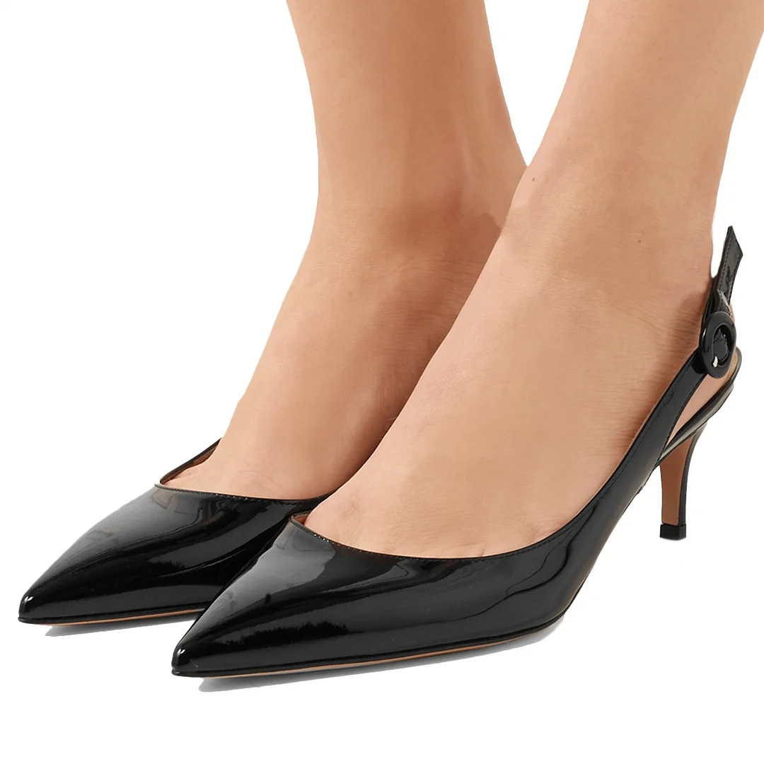Patent Leather Pointed Toe Kitten Heel Buckle Slingback Pumps in Black