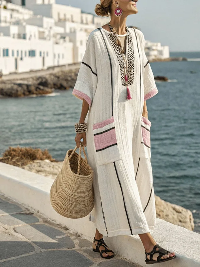 Women'S Casual Cotton And Linen Contrast Striped Loose Dress 