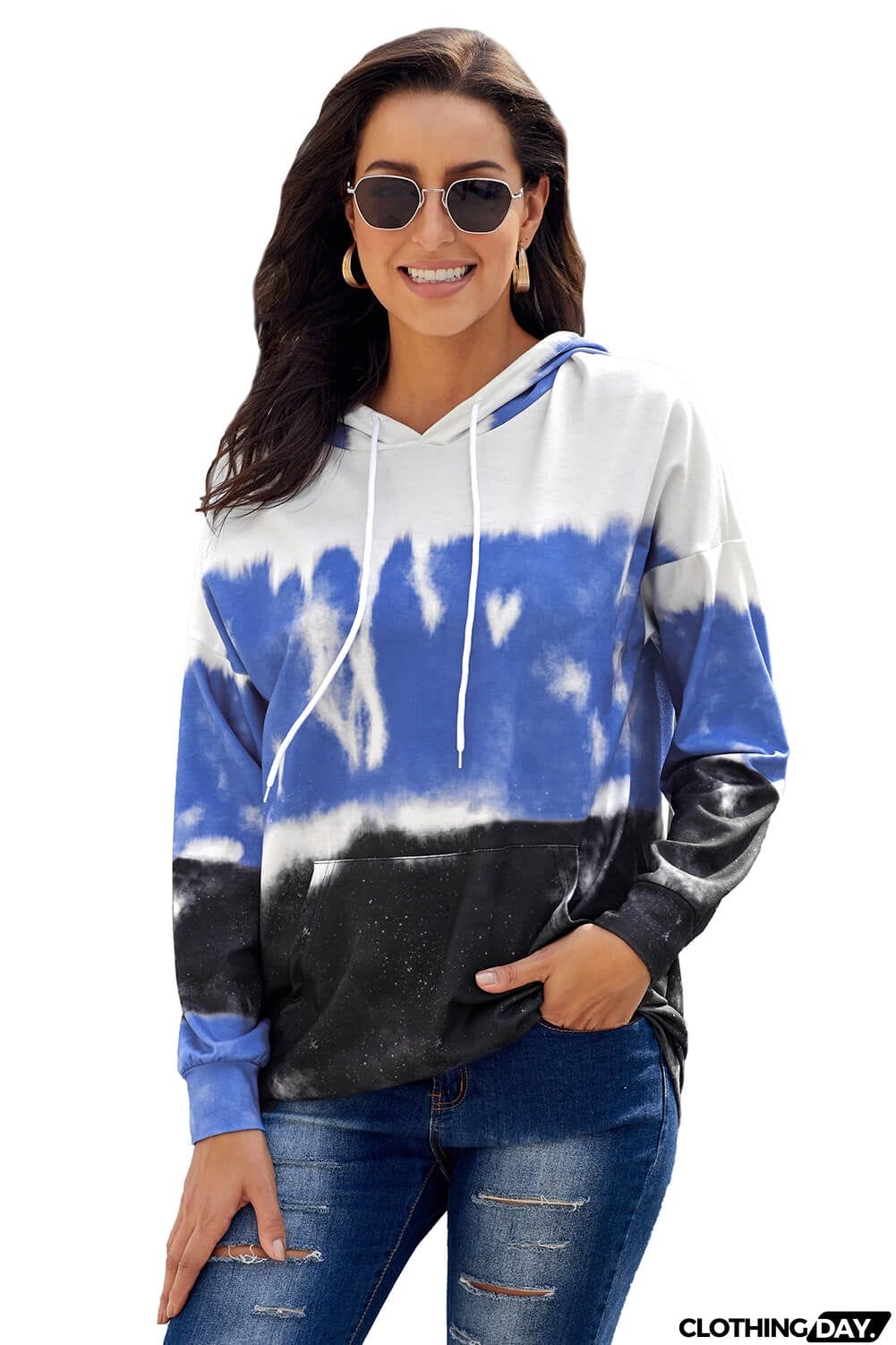 Women's Sky Blue Dye Gradient Long Sleeve Pullover Hoodie