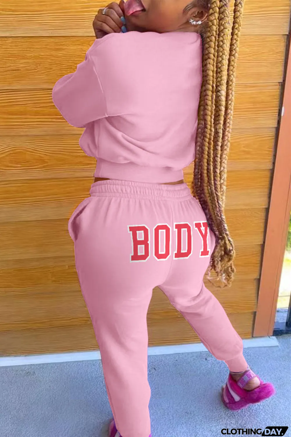 Pink Fashion Casual Letter Print Basic O Neck Long Sleeve Two Pieces