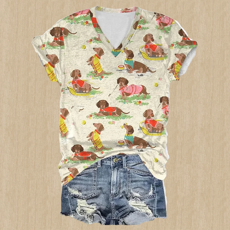 Pet Print Casual V-Neck T-Shirt