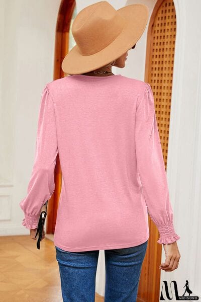 MidiSono - Lace Detail V-Neck Lantern Sleeve T-Shirt