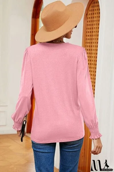 MidiSono - Lace Detail V-Neck Lantern Sleeve T-Shirt