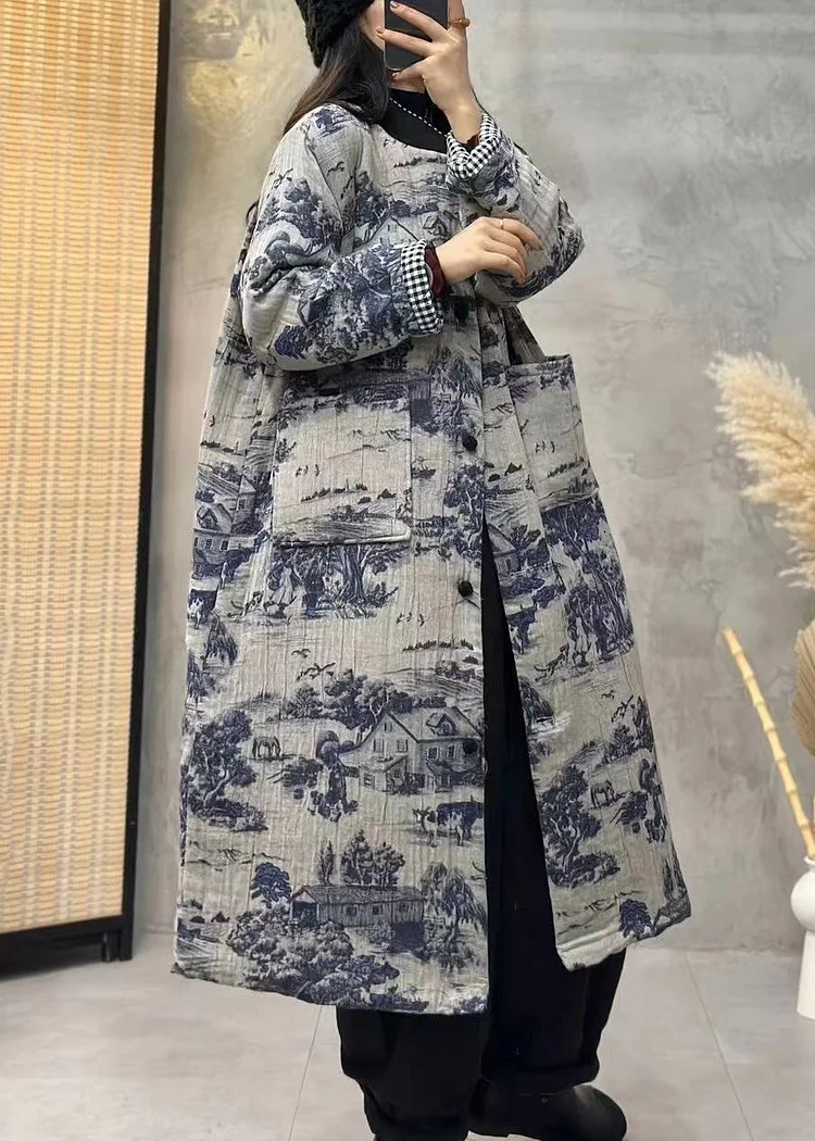 Vintage Blue Print Pockets Cotton Filled Long Trench Coat Long Sleeve