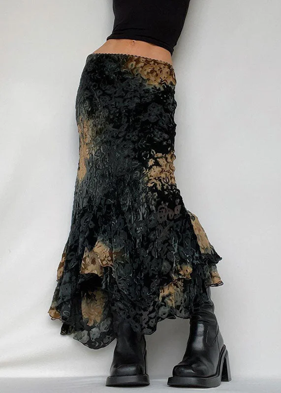 Shipping in 24 hours-Chic Black Asymmetrical Print Ruffled Patchwork Silk Velour Skirt Summer
