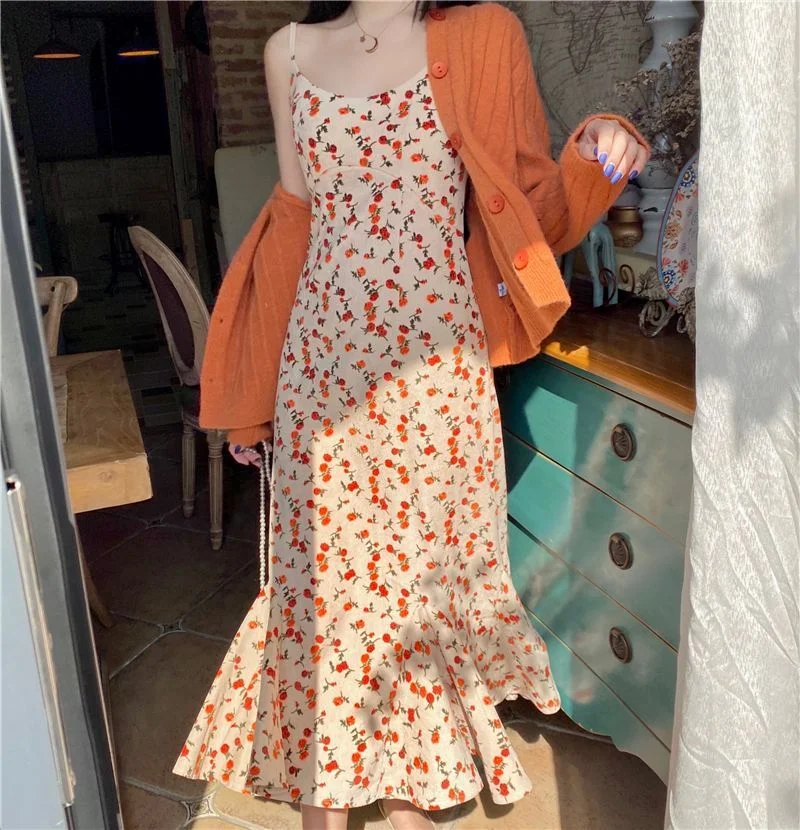 Cardigan / Spaghetti Strap Floral Print Midi Mermaid Dress YP2299