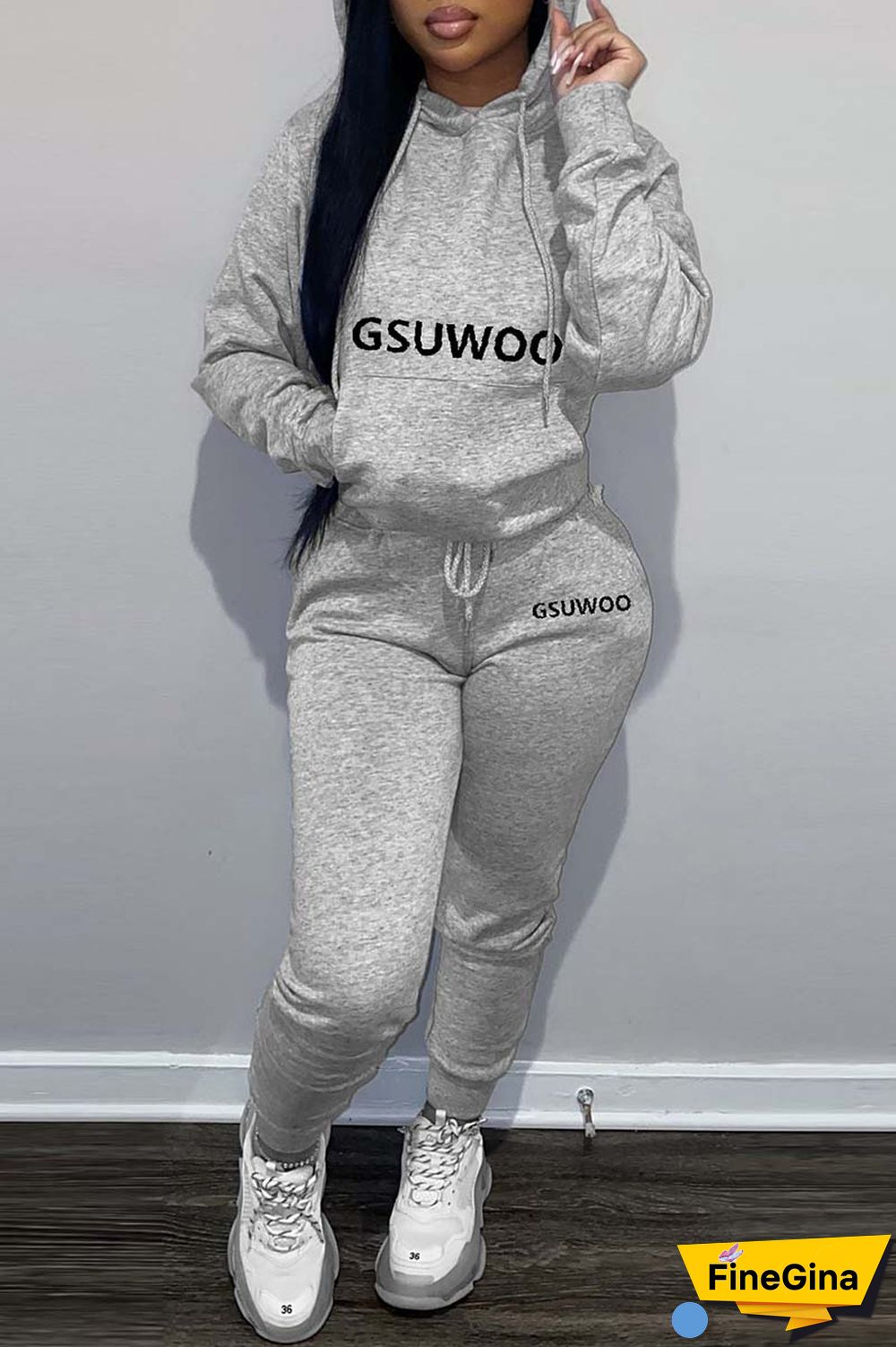 Khaki Casual Letter Print Basic Hooded Collar Long Sleeve Two Pieces