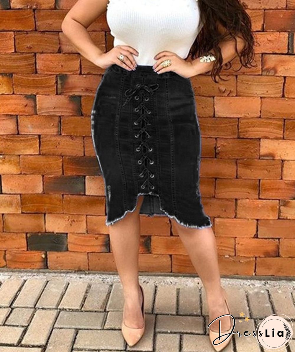 Summer Jeans Denim Pants New Women Fashion Lace Cross High Wasit Skirts Summer Denim Bow Tie Slim Fit Hole Ripper Skirts Jeans Plus Size S-5Xl