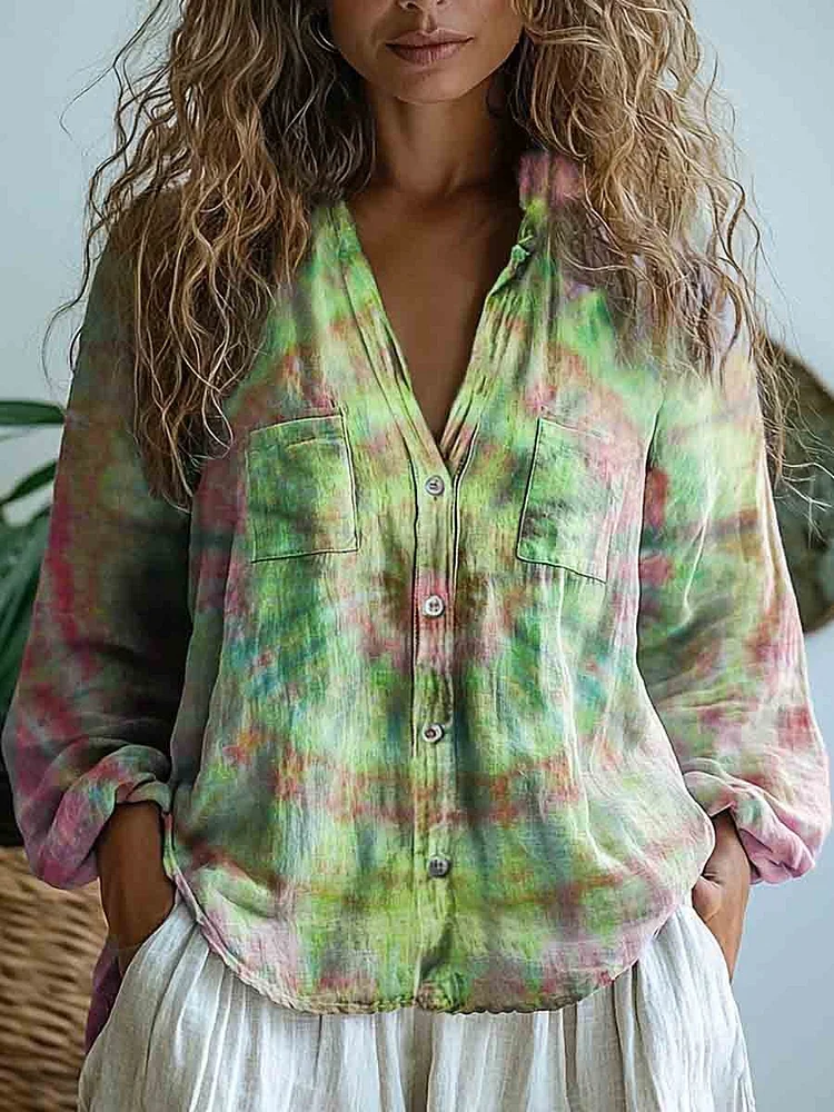 Women's Tie Dye Art Print Casual Long Sleeve Comfortable Cotton Shirt