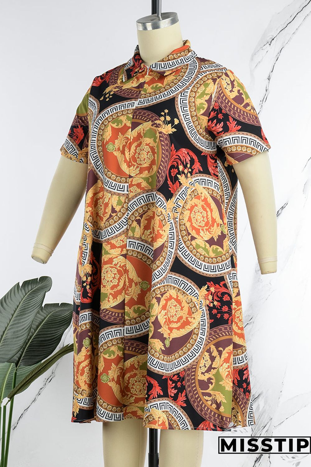 Colour Casual Print Patchwork Turndown Collar Straight Plus Size Dresses