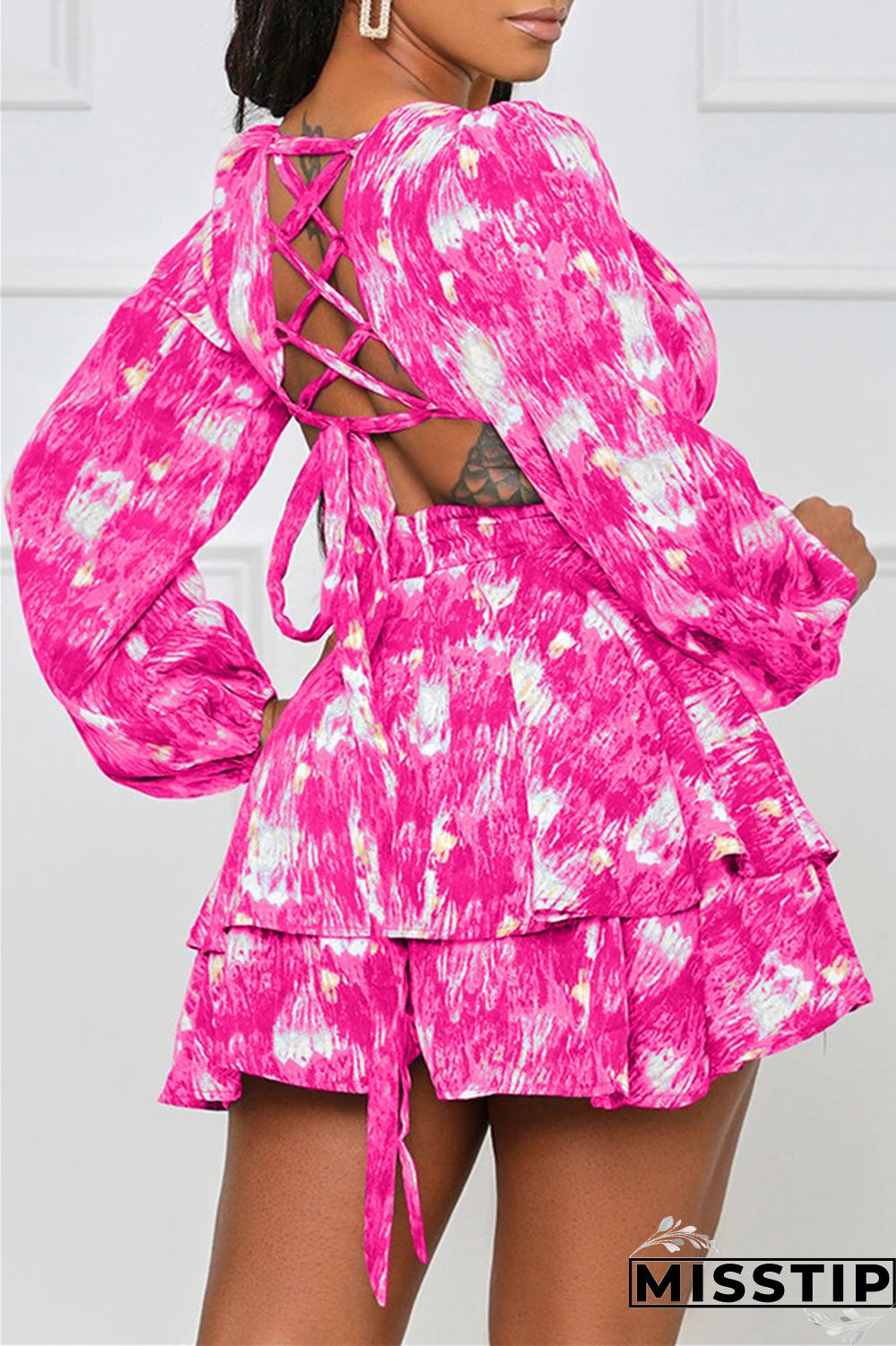 Blue Fashion Casual Print Hollowed Out V Neck Long Sleeve Dresses