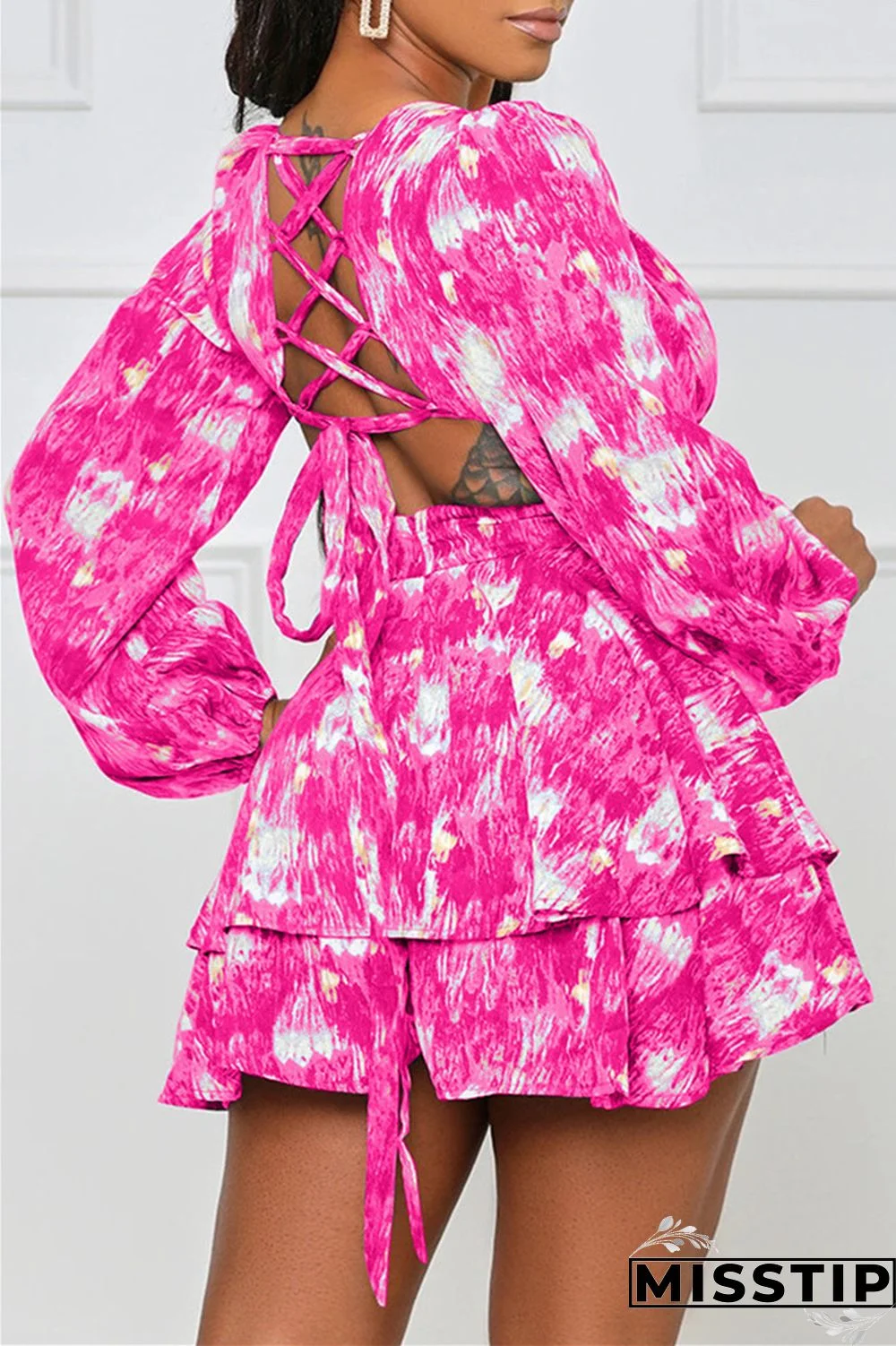 Blue Fashion Casual Print Hollowed Out V Neck Long Sleeve Dresses