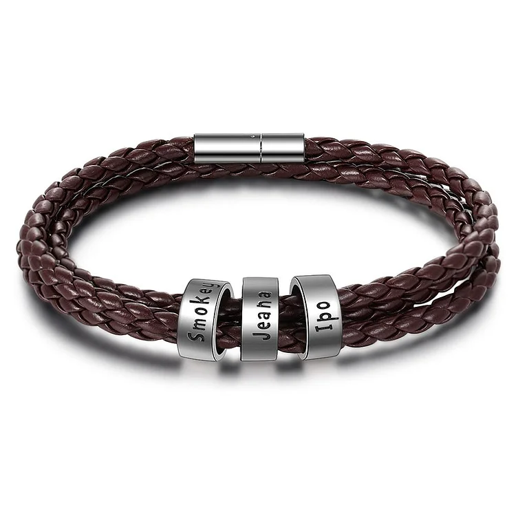 Personalized Mens Leather Braided Bracelet Custom 3 Names Multi-Layer Bracelet Black Gift For Him