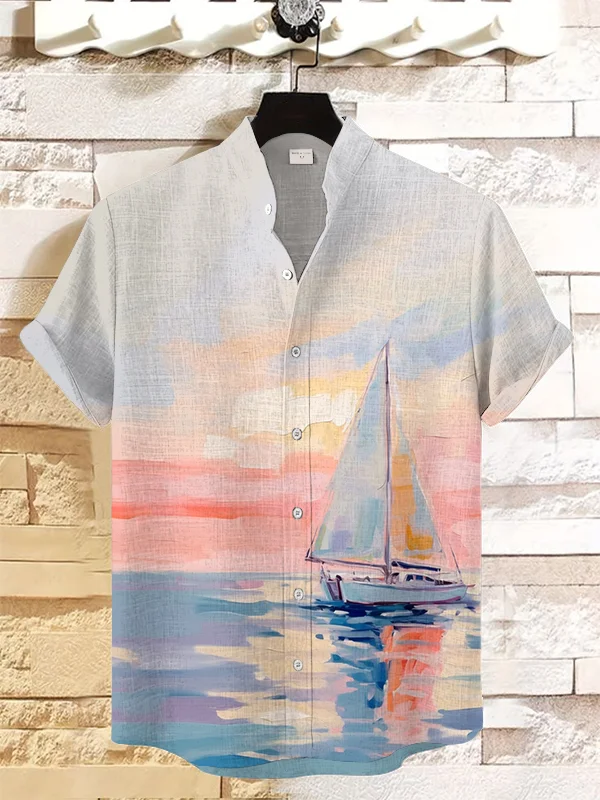 Men's Sailboat Sailing Sunset Art Print Casual Shirt