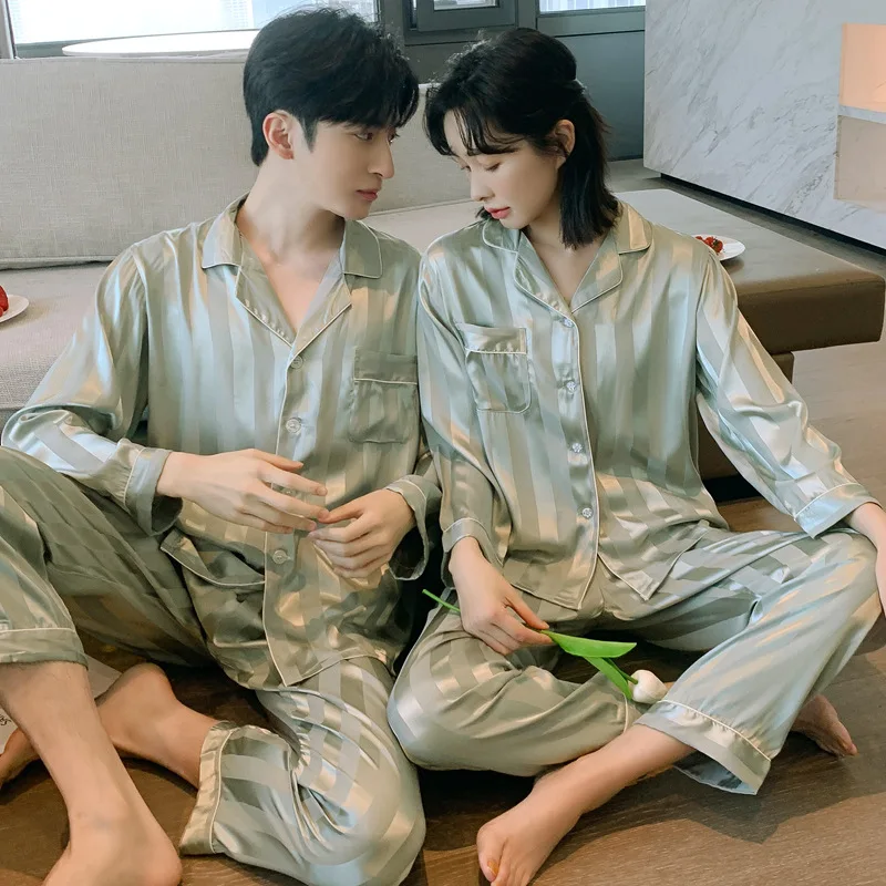 Stolskolb Short-sleeved Shorts Ice Silk Pajamas Men and Silk Satin Pajamas Set Long Sleeved Sleep Women Sleepwear Pijamas Couple Pajamas