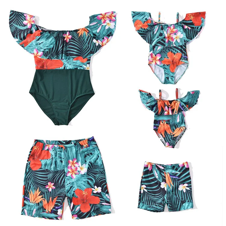 NEW Summer Family Matching Swimsuits Mom Dad and Kid Round Neck Swimwear