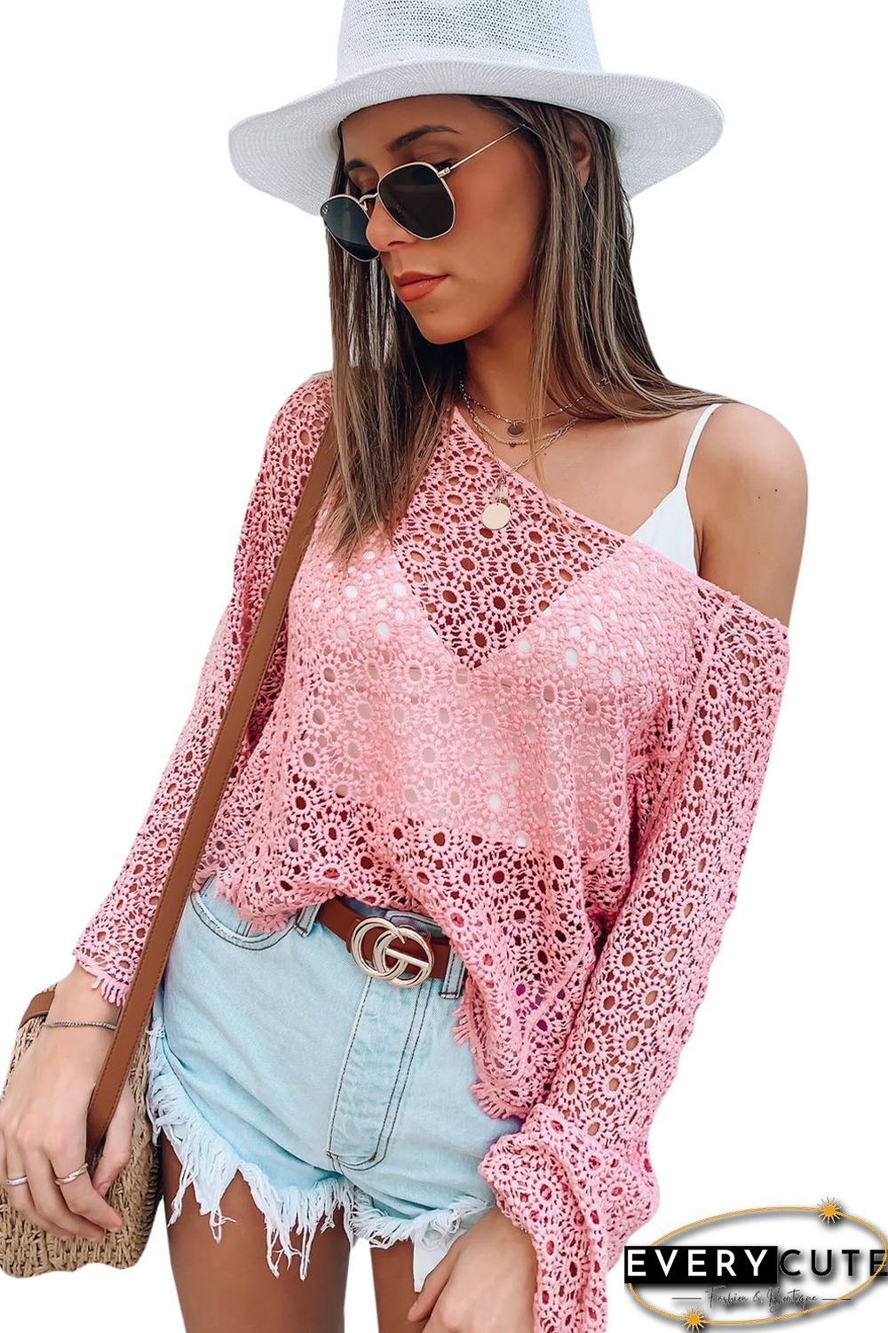 Pink Floral Pattern Hollow-out Knit Long Sleeve Top