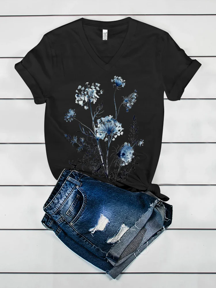Blue Flower Printed V-neck Women's T-shirt