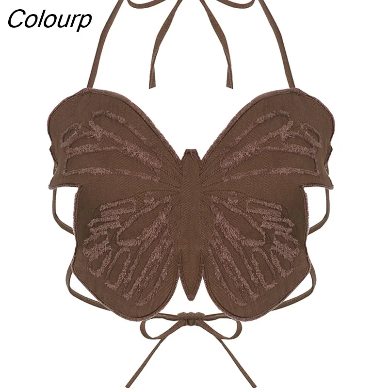 Colourp Butterfly Pattern Bandage Denim Halter Top Sexy Slim Sleeveless Backless Crop Tops Women Summer Spring Ladies Streetwear