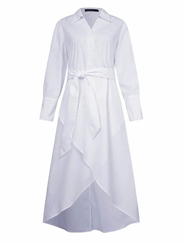 Irregular Solid Color Lapel Long Sleeve Midi Dress - yankia