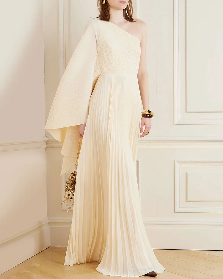 One-shoulder pleated chiffon gown