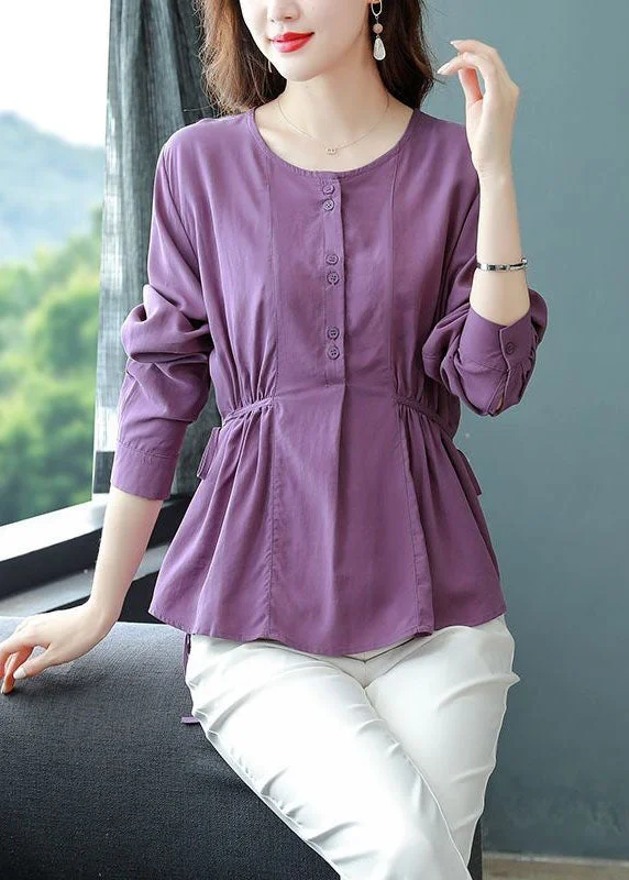 Organic Purple O Neck Wrinkled Lace Up Patchwork Cotton Top Long Sleeve