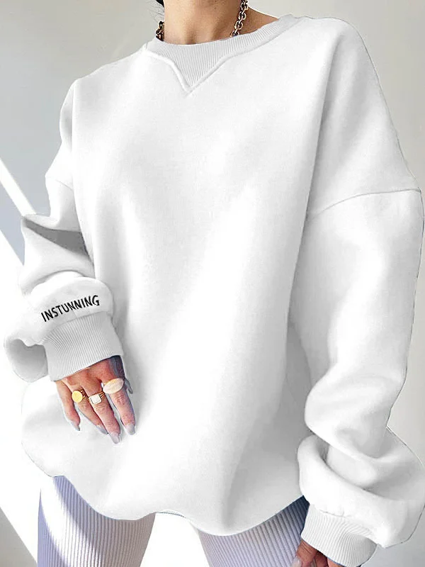 Long Sleeves Loose Letter Print Split-Joint Round-Neck Sweatershirt