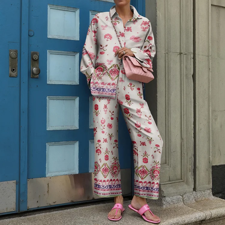 Fashion Loose Floral Print Long Sleeve Two Piece Set