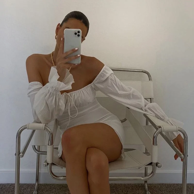 Yimunancy Square Collar Bodycon Dress Women Long Sleeve Dress Autumn Drawstring White Dress Robes