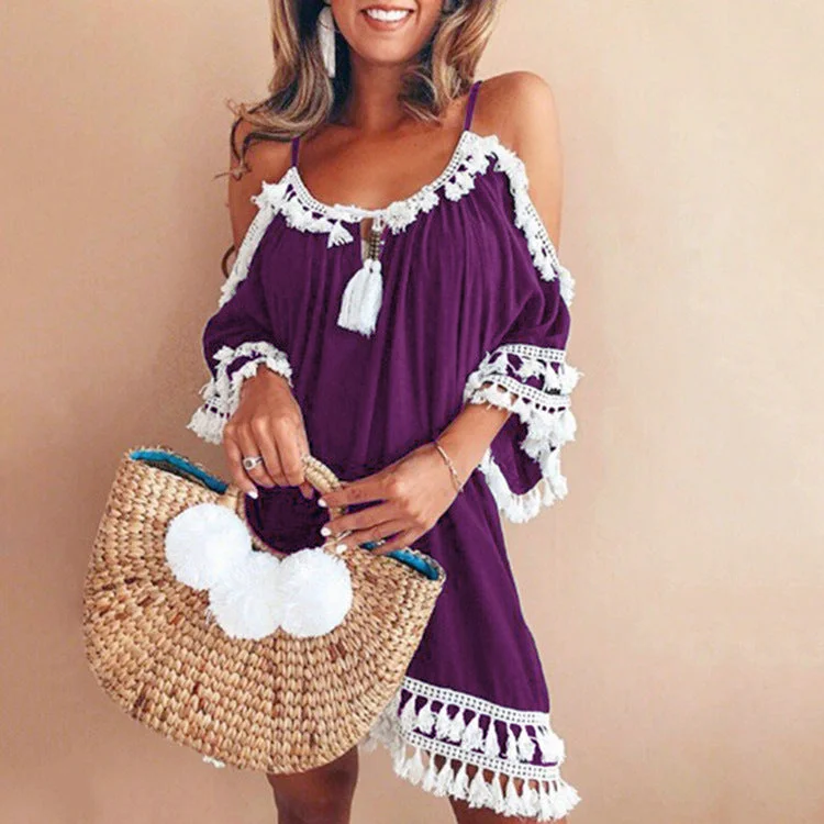 Halter fringed off-shoulder dress