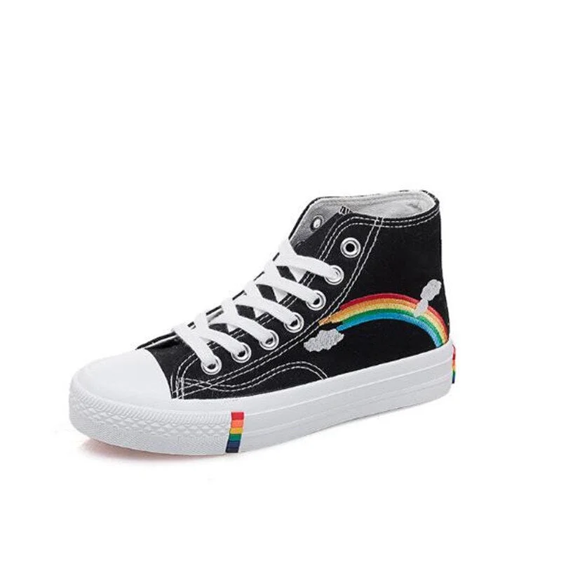 Women Fashion Vulcanized Shoes  Women Sneakers New Retro Rainbow Canvas Shoes Ladies Flat Fashion Comfort High Top Shoes