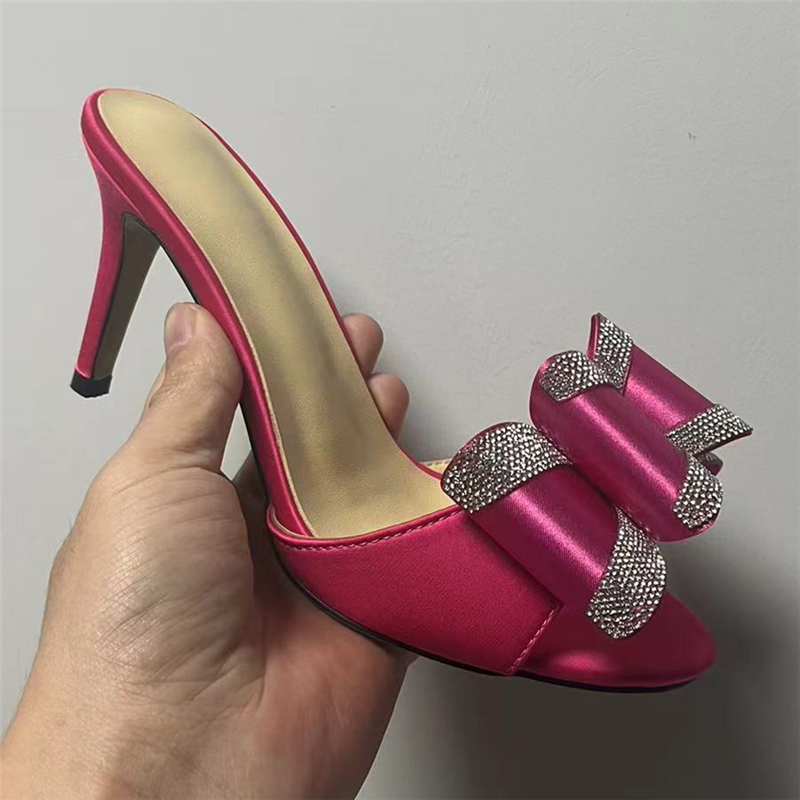 Jeweled Satin Butterfly-Knot Sandals Women Open Toe 8cm Thin High Heels Slingbacks Mules
