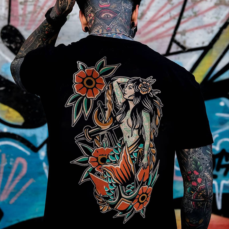 Mythology Goddess with Flowers Graphic Casual Black Print T-shirt