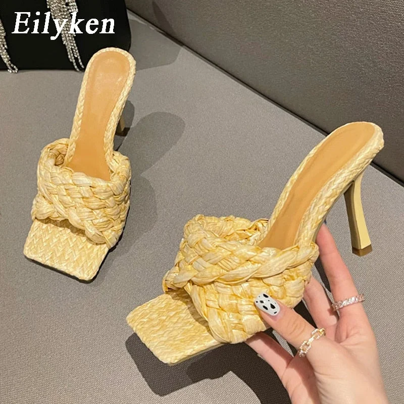 Eilyken 2022 New Summer Design Weave Square Toe Heels High Quality Slippers Gladiator Beach Womens Sandal Slides Shoes