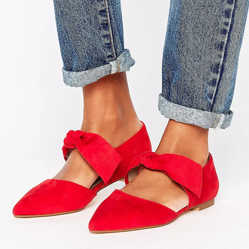 Red Pointed Flat Pumps Women's Suede Bow Shoes Flats|FSJshoes