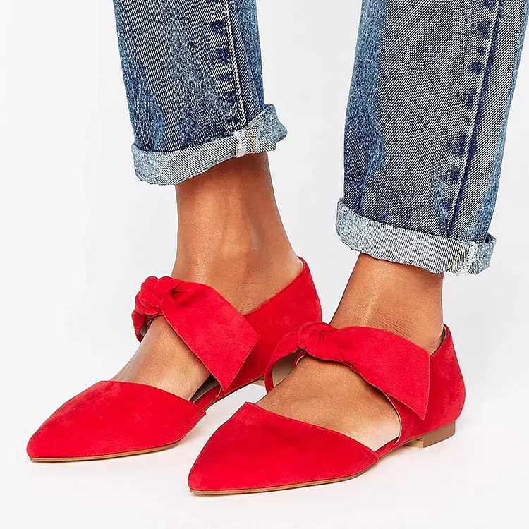 Red Vegan Suede Pointed Toe Lace Up Casual Flats |FSJ Shoes