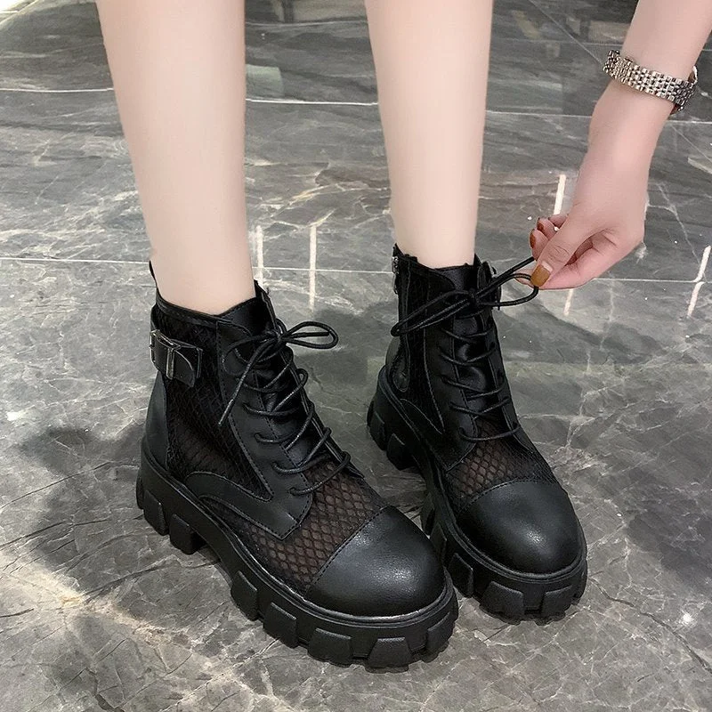 Classic Women Thick Bottom Black Mesh Summer Boots Round Toe Zipper Lace Up Platform Shoes Woman High Heels Ankle Botas