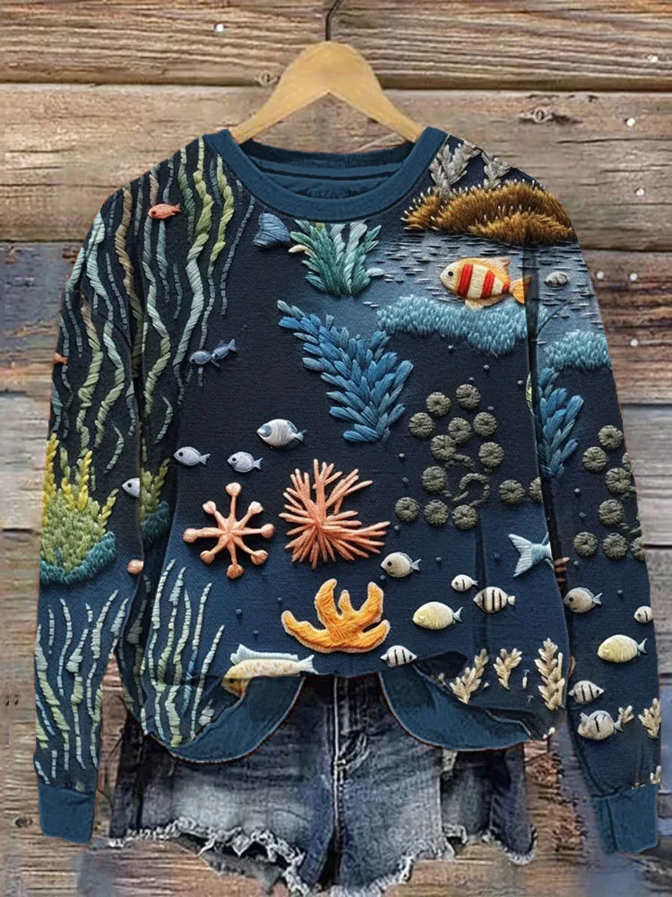 VChics ocean pattern Embroidery Art Print Casual Cozy Sweatshirt