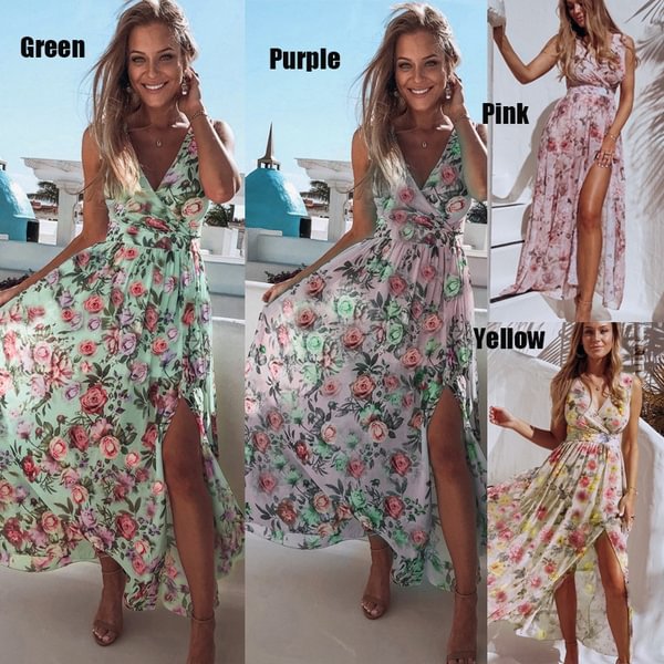 Women Summer Floral Print Sleeveless V-Neck Plus Size 3XL Elegant Long Dress Beach Vestidos Robes - BlackFridayBuys