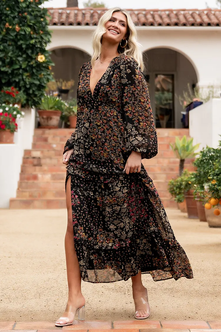 Deep V Floral Maxi Dress - Black Multi