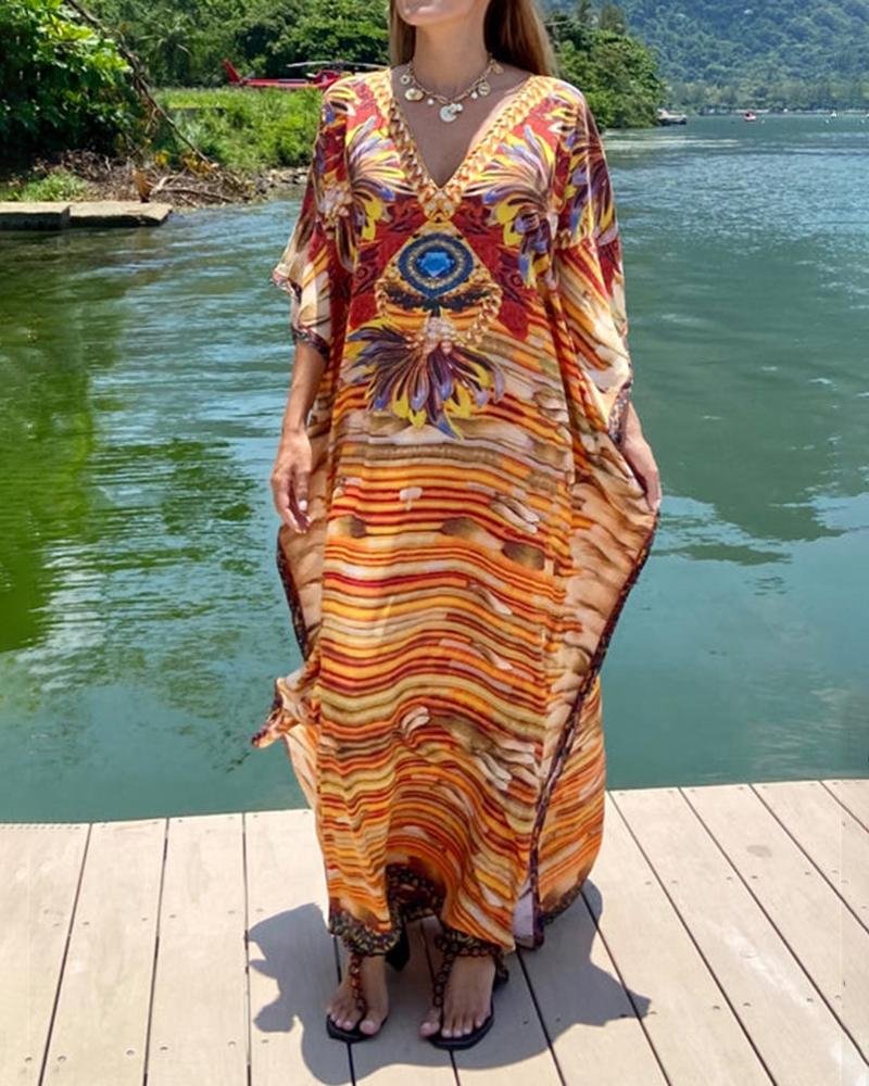 WOMEN'S ETHNIC STYLE PRINTED  CASUAL KAFTAN MAXI DRESS-030902