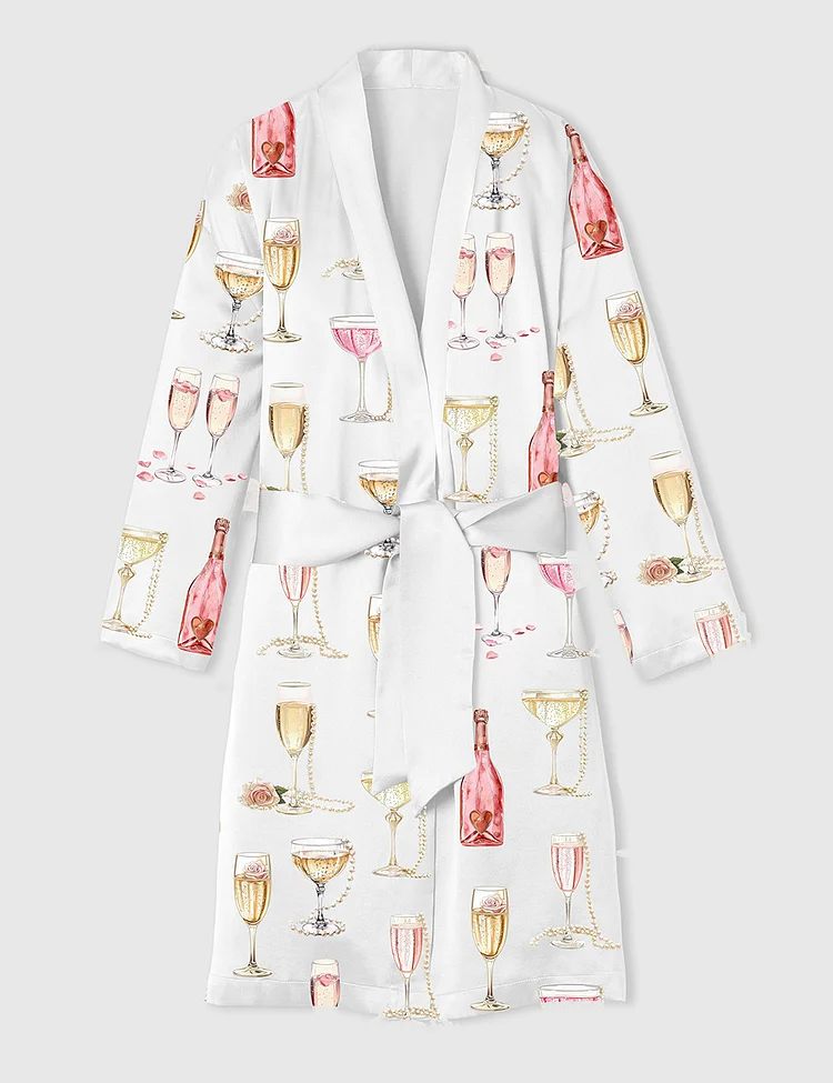 Women&rsquo;s Pearls And Prosecco Bridal Shower Party Champagne Print  Satin Bathrobe
