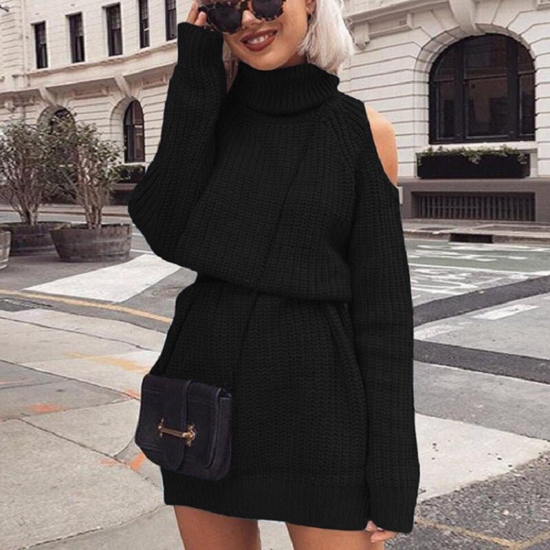 2021 New Autumn Winter Turtleneck Off Shoulder Knitted Sweater Dress Women Solid Slim Sweater Dress Plus Size Long Sweater Dress