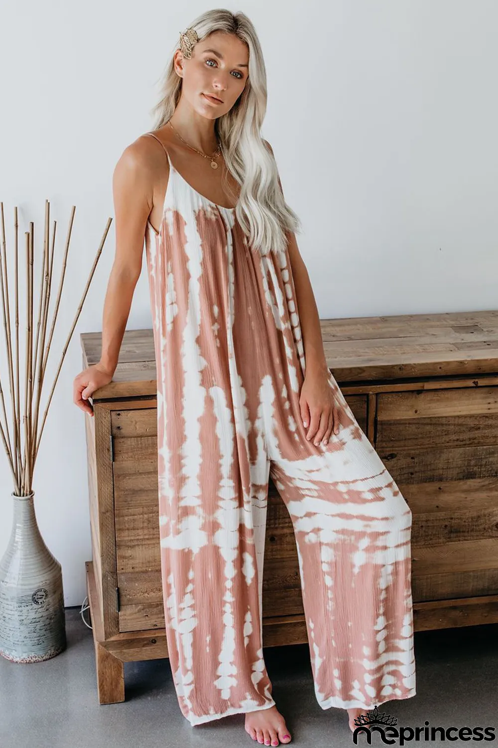 Pink Spaghetti Strap Tie Dye Baggy Long Pants Romper