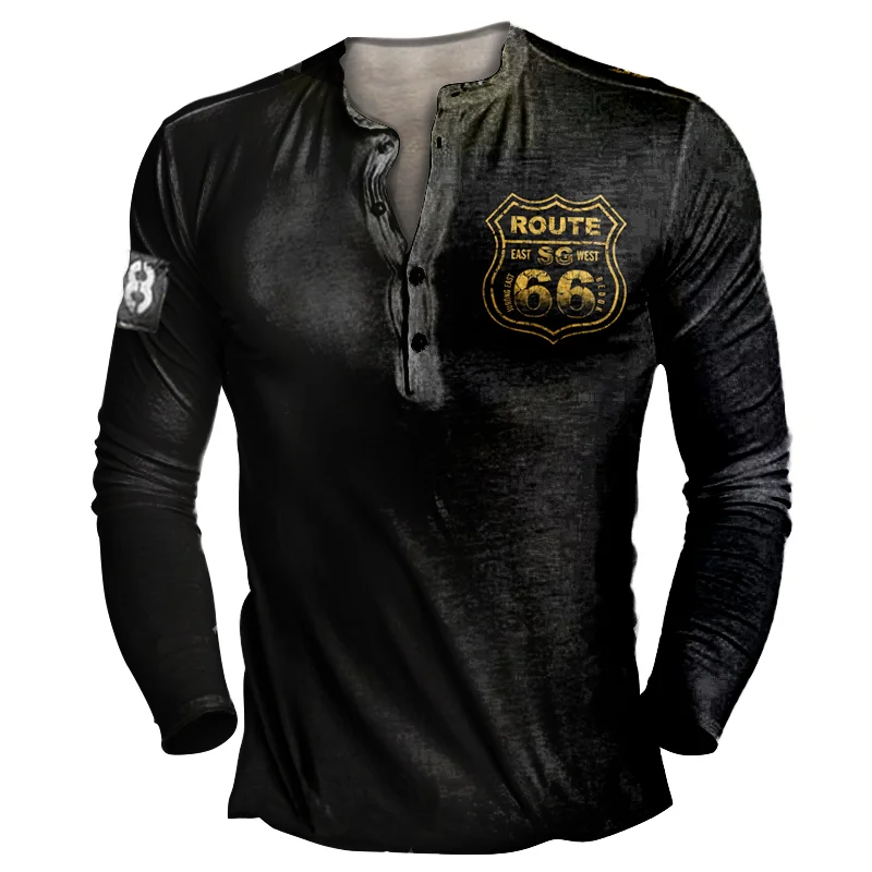 Men's Route 66 Sign Henry Neck Long Sleeve T-Shirt / [viawink] /