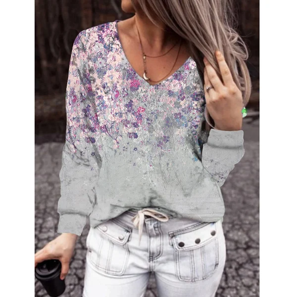 Spring and Autumn New Fashion Women's V-neck Flowers Printed Loose Casual Long Sleeve T-shirt Casual Plus Size Long Sleeve Top Soft and Comfortable Thin Shirt S-5XL