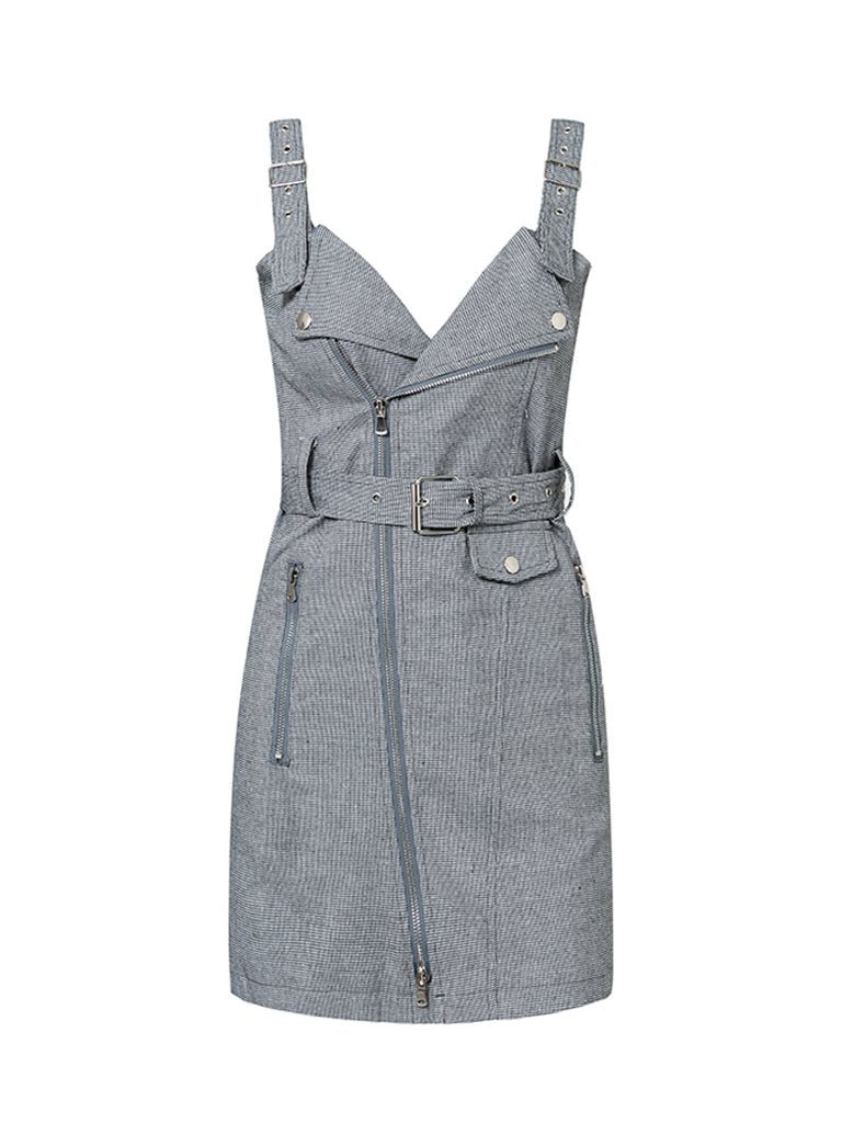Womens Strapped Dress V neck Pockets Decor Zipper Design Mini Dress